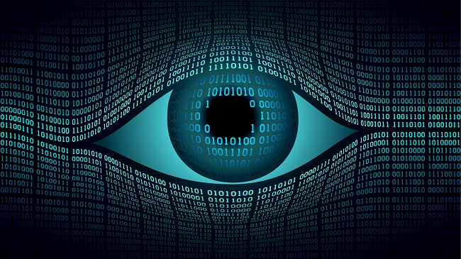 Digital eye made of binary code representing AI monitoring and surveillance technology